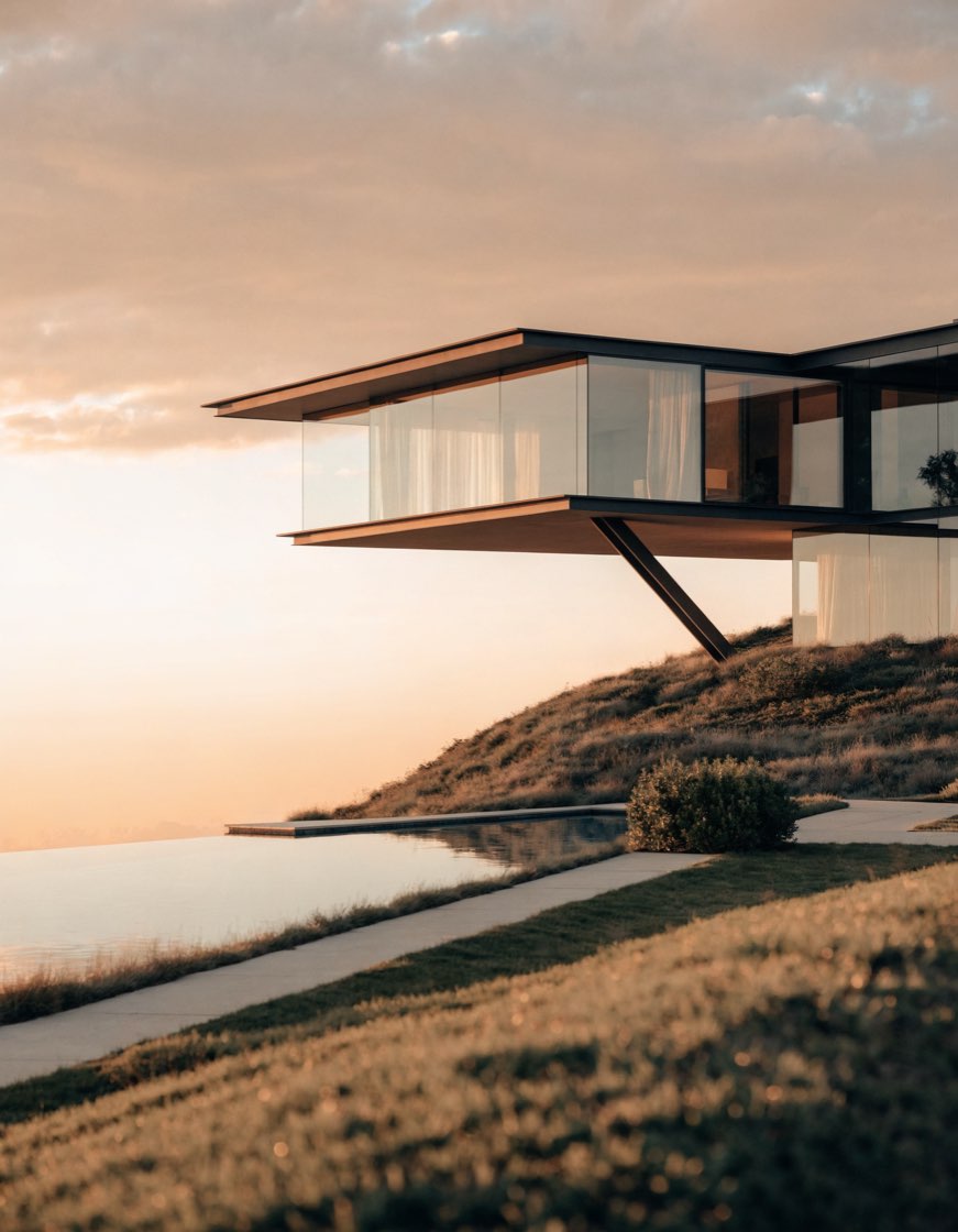 The Ridge House, a glass and steel villa cantilevered over the Sonoma hills at golden hour