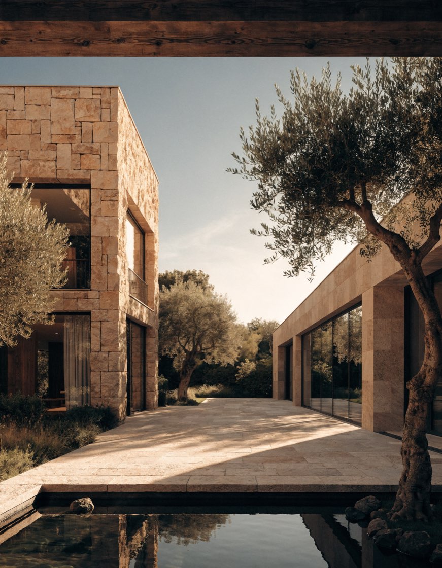Olivetree, a warm contemporary stone estate built around a courtyard with olive trees in golden light