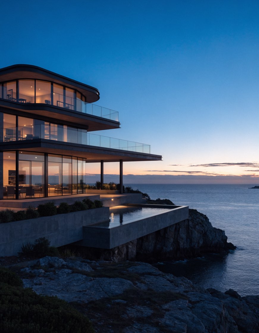 The Tidewater, a coastal modern mansion above the ocean at twilight with walls of warm glass